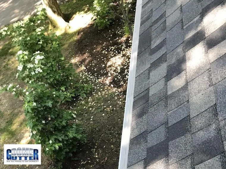 GutterDome GD45 gutter guard running along a comp shingle roofline above a walkway.
