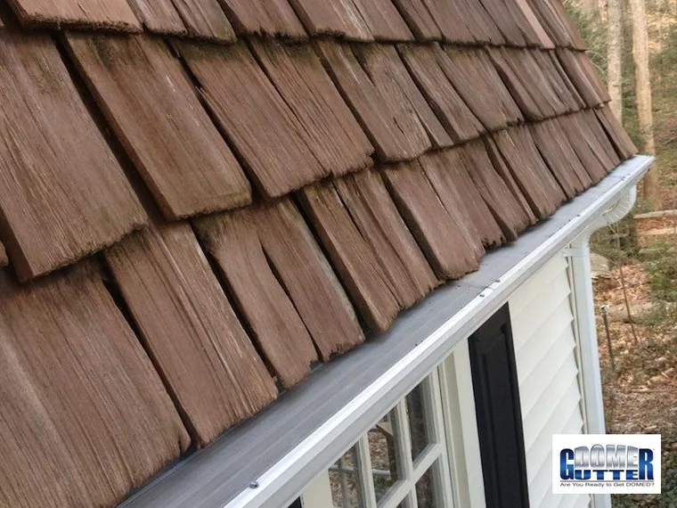 GutterDome gutter guard on a residential roofline with mature trees overhead.
