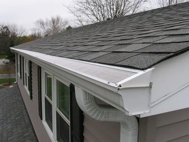 GutterDome gutter guard and downspout on a home's roofline above lap siding